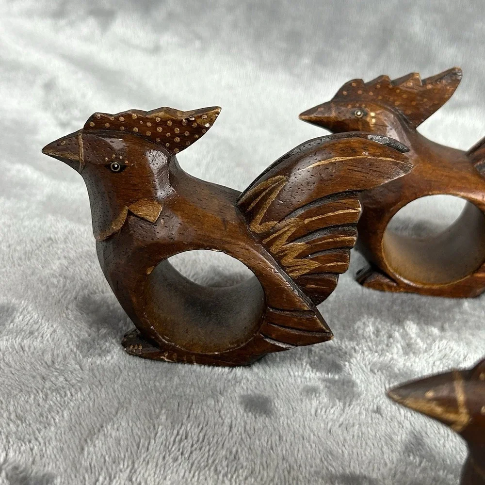 Carved Wooden Napkin Rings Set Of 5 Chicken Rooster Hand Made Vintage Dark Wood